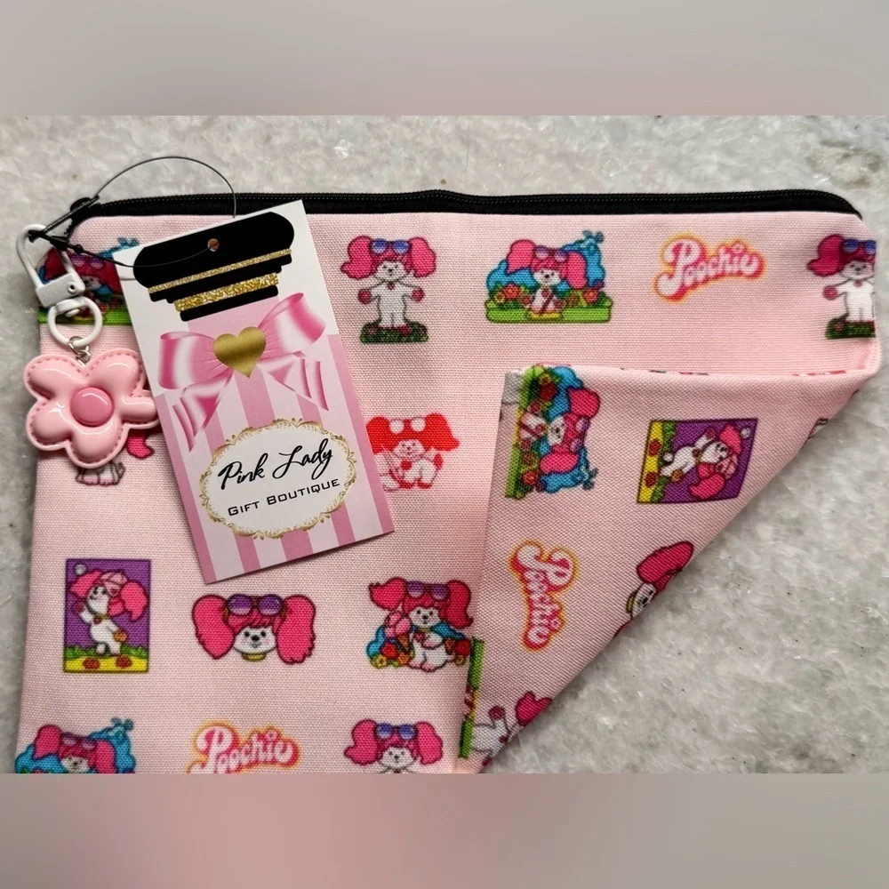 New Retro 80s Style Poochie Dog Pink Makeup Tech Pencil Bag w/ Charm - 8.5” x 6”
